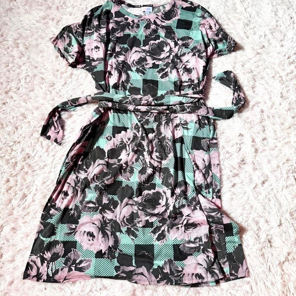LuLaRoe Marly Graphic Graffiti Floral Statement Midi Dress Womens XL Belted